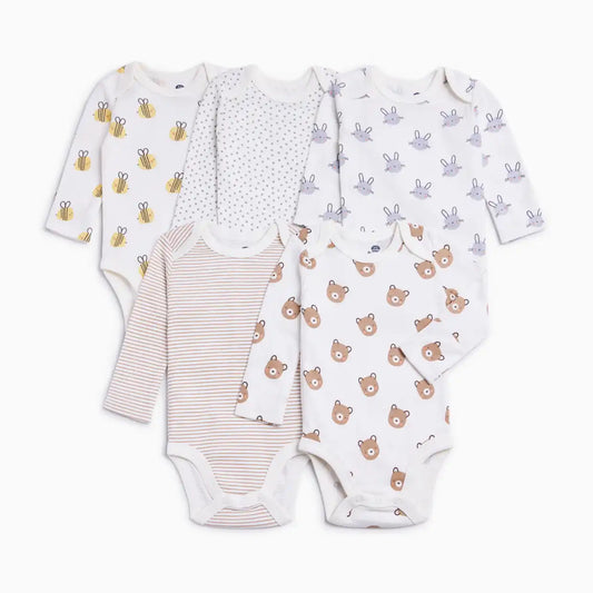 Organic Cotton Long Sleeve Printed Bodysuits (5 Pack)