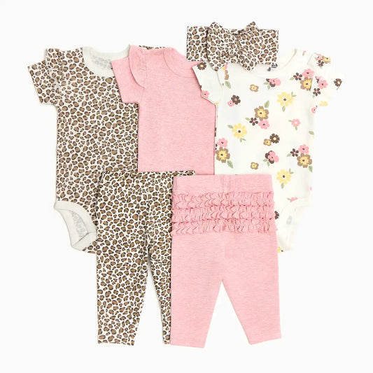 Organic Cotton Ruffle Bodysuit, Pant & Headband 6-Piece Set